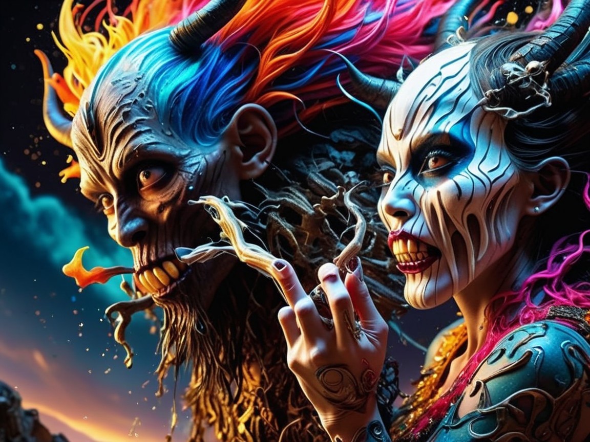 Figures with Intricate Face Paint and Elaborate Horns