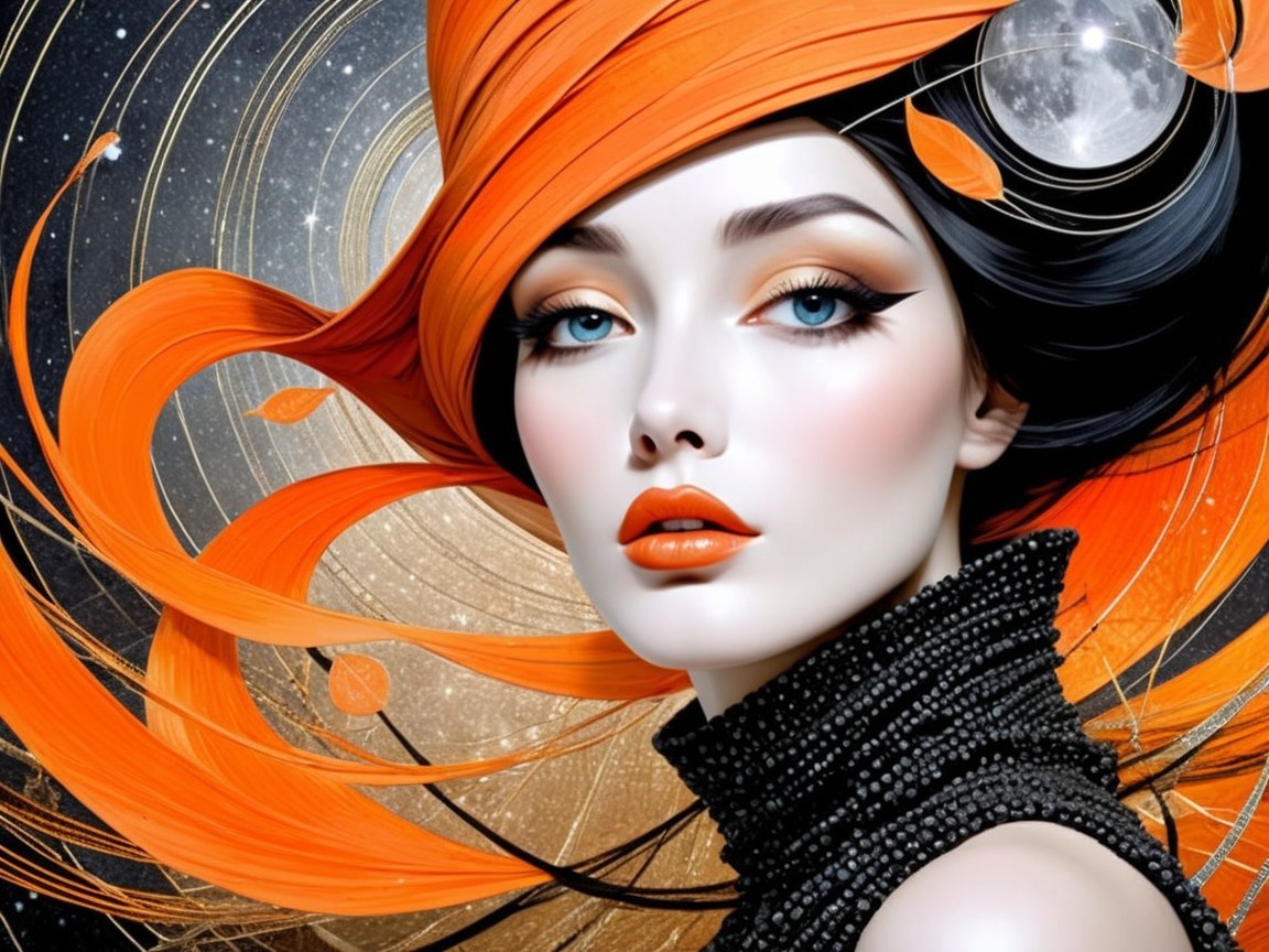 Elegant Woman with Vibrant Orange and Black Hair