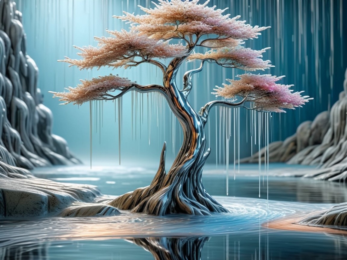Metallic bonsai tree in tranquil lake with icicles