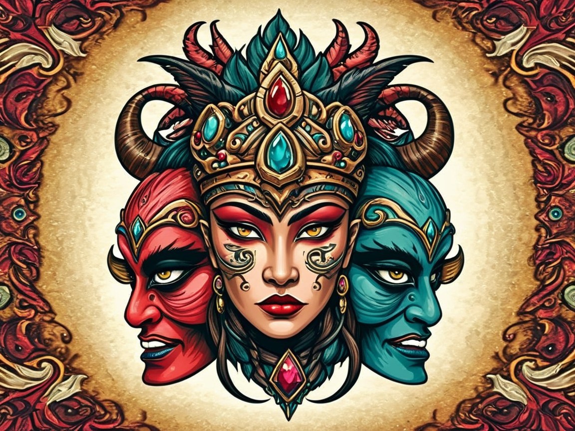 Artwork of a figure with three faces and ornate crown