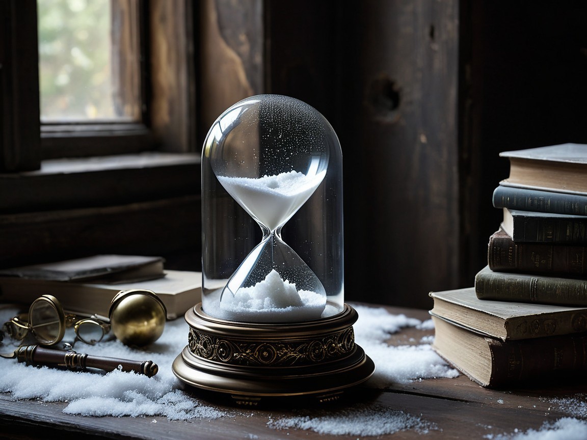 Vintage hourglass on wooden table with scattered sand