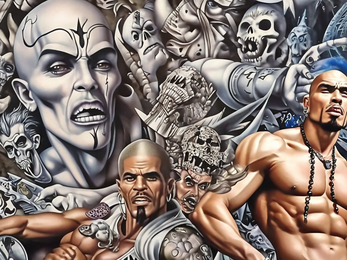 Mural Depicting Muscular Figures and Abstract Elements