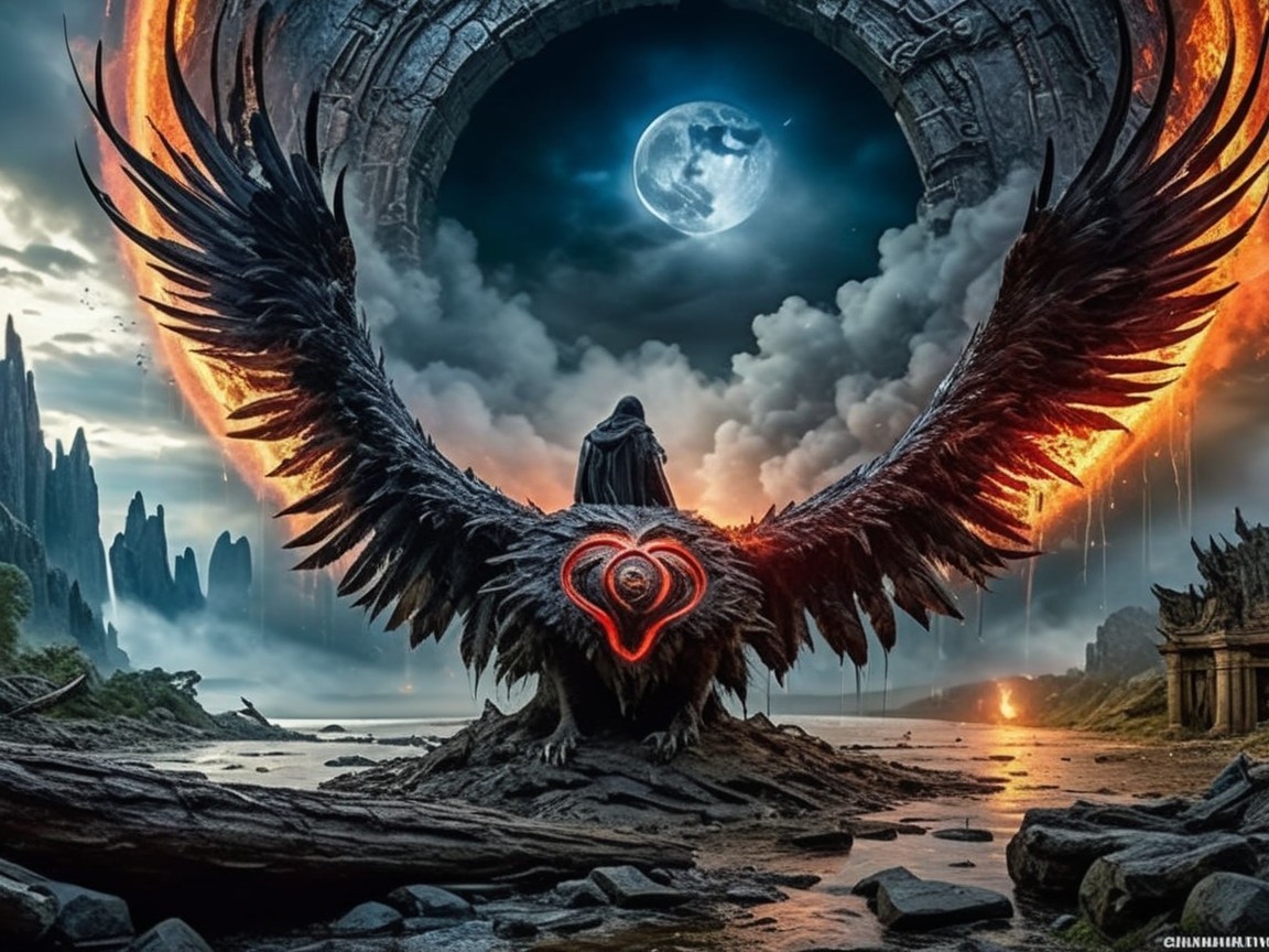 Cloaked Figure on Raven Statue in Mystical Landscape
