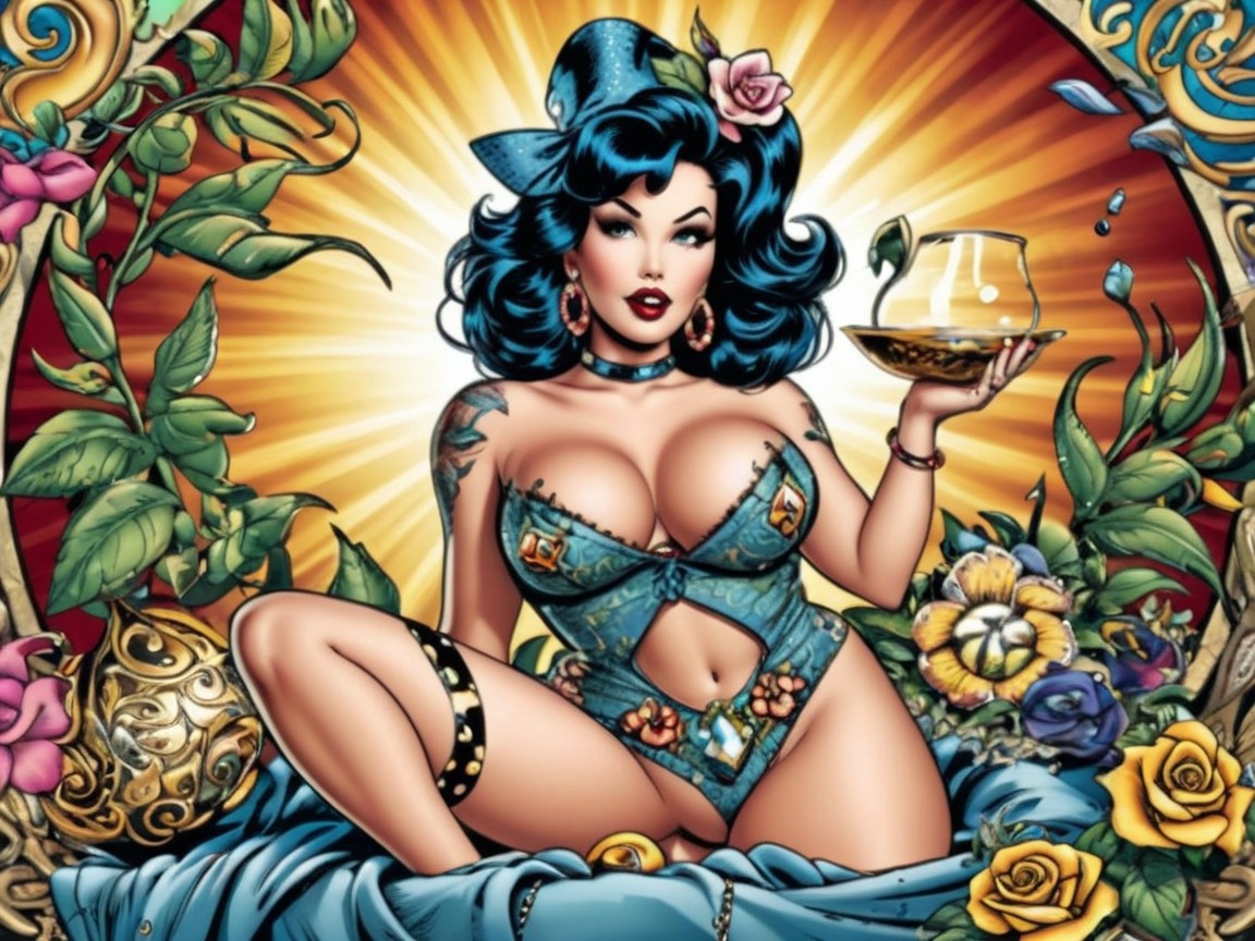 Stylized woman with blue hair in denim corset design