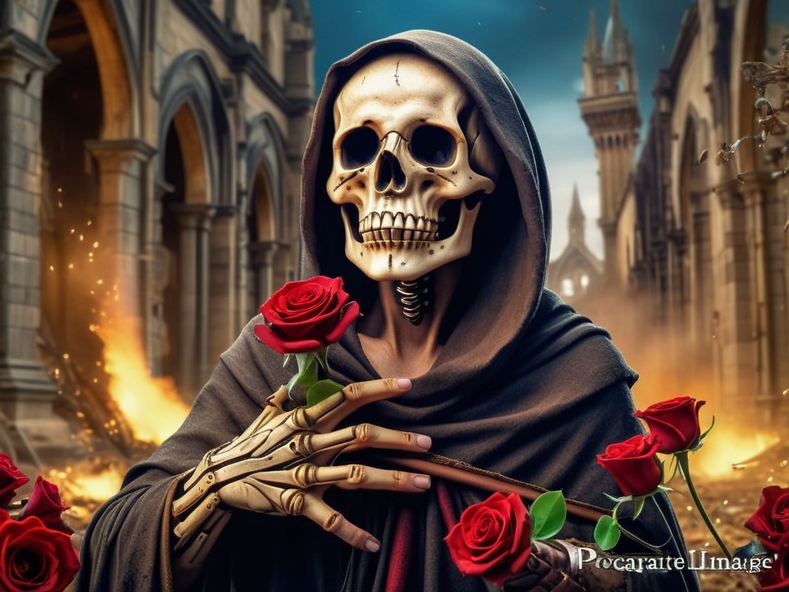 Skeletal Figure in Cloak with Roses in Gothic Cityscape