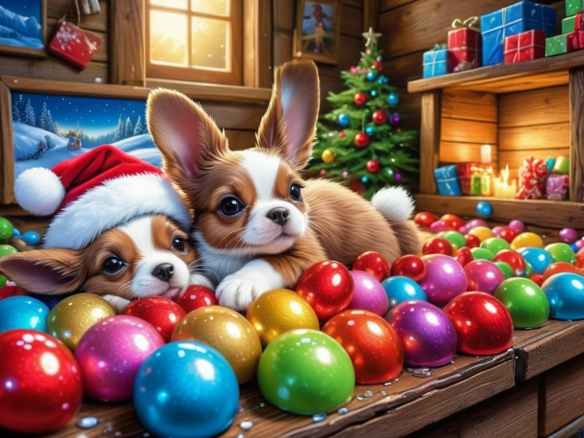 Chihuahua Puppies Surrounded by Colorful Christmas Ornaments