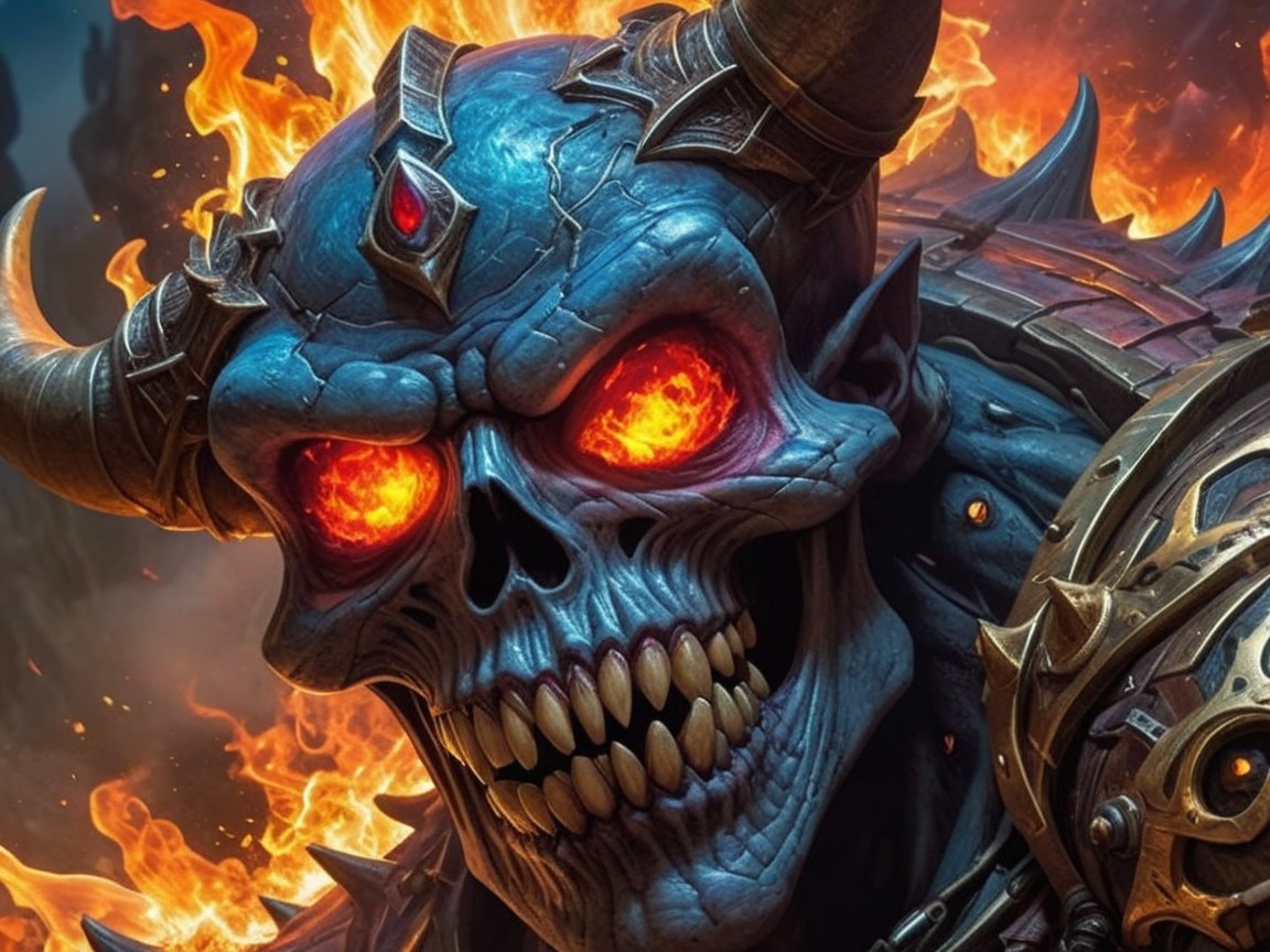 Menacing Skull with Horns and Glowing Red Eyes