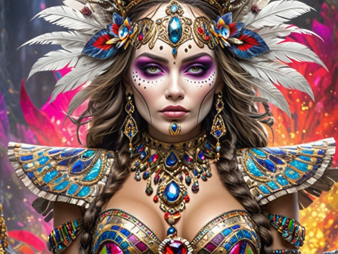 Vibrant Woman in Ornate Costume and Bold Makeup
