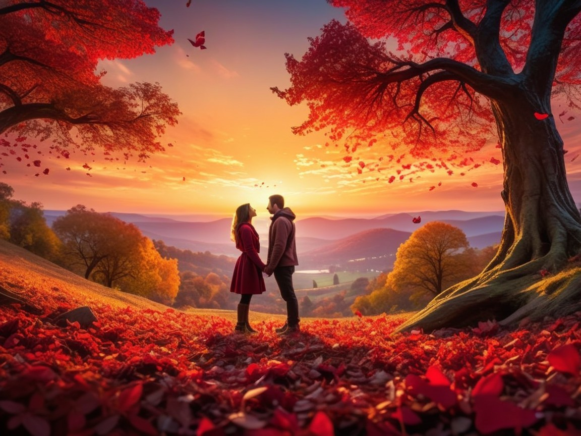 Couple in Autumn Landscape with Sunset and Trees