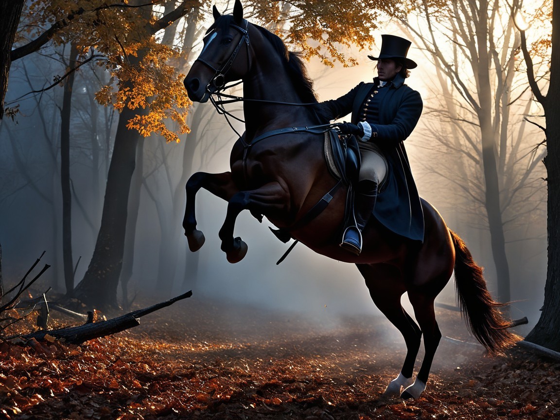 Foggy Forest Scene with Horse and Rider in Autumn