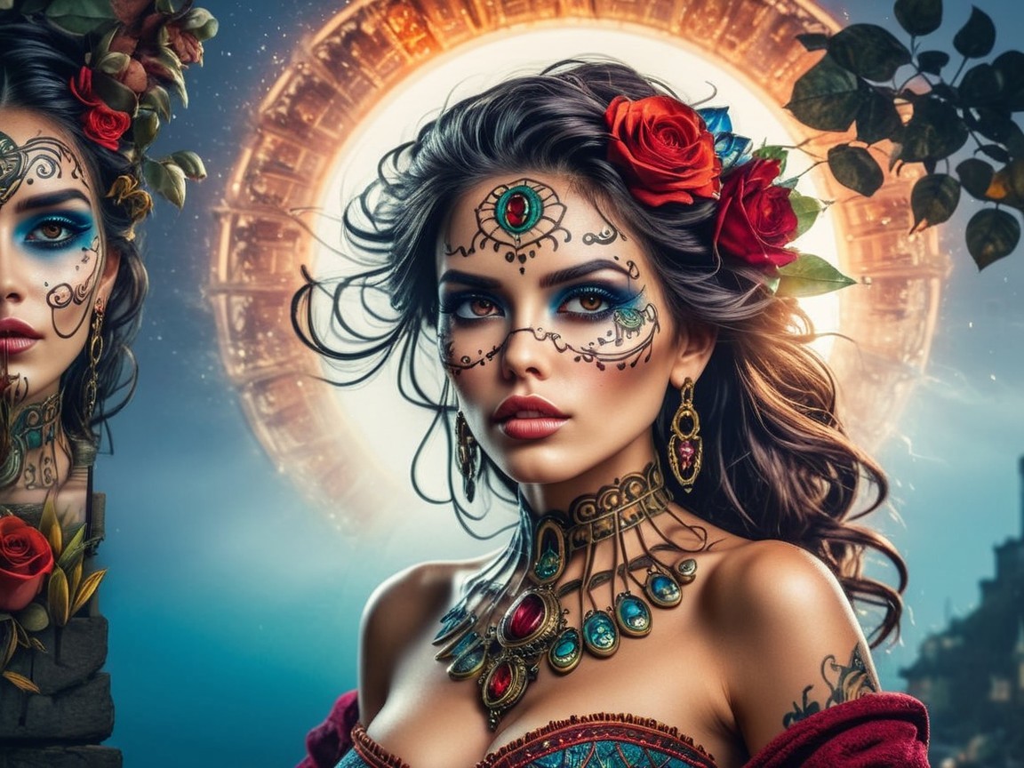 Portrait of a woman with vibrant jewelry and makeup