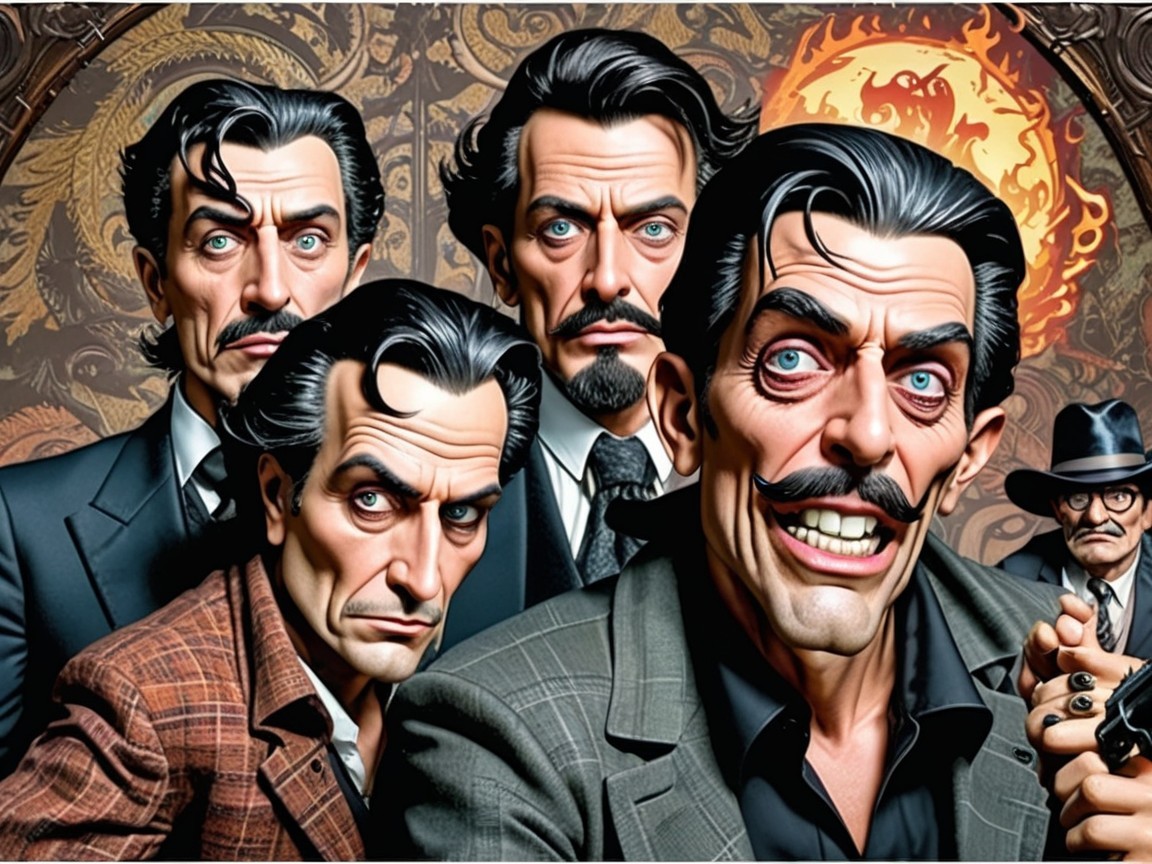 Stylized Characters in Vintage Suits with Dramatic Background