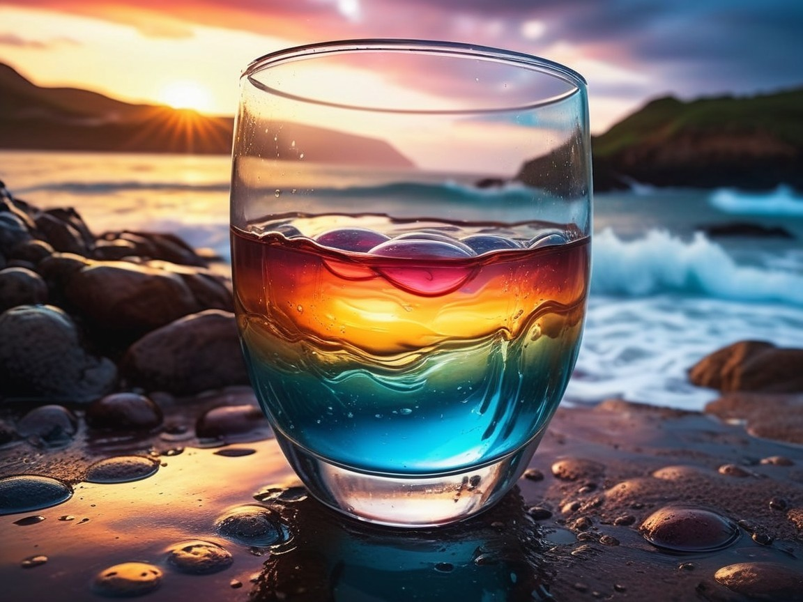 Layered Colorful Liquids on a Beach at Sunset