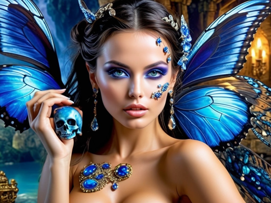 Dramatic Figure with Blue Makeup and Mystical Elements