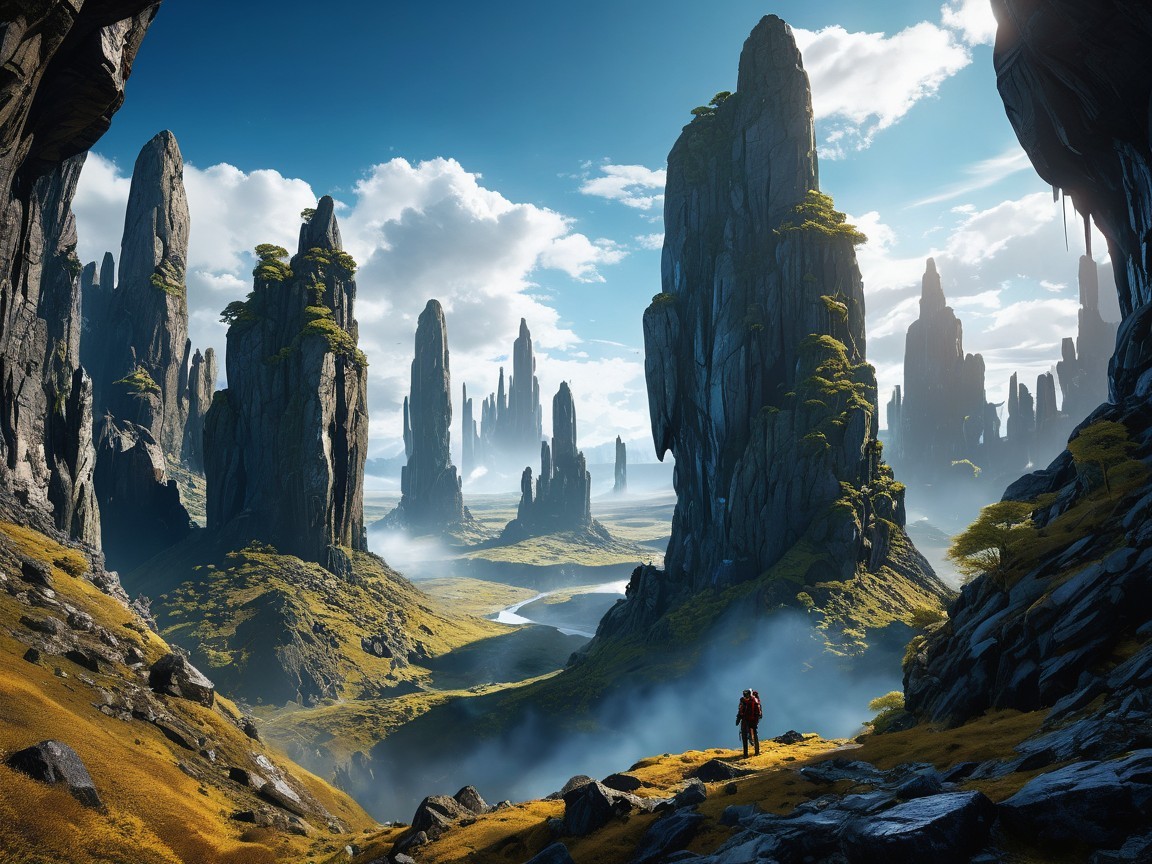 Towering Rock Formations and Serene River Landscape