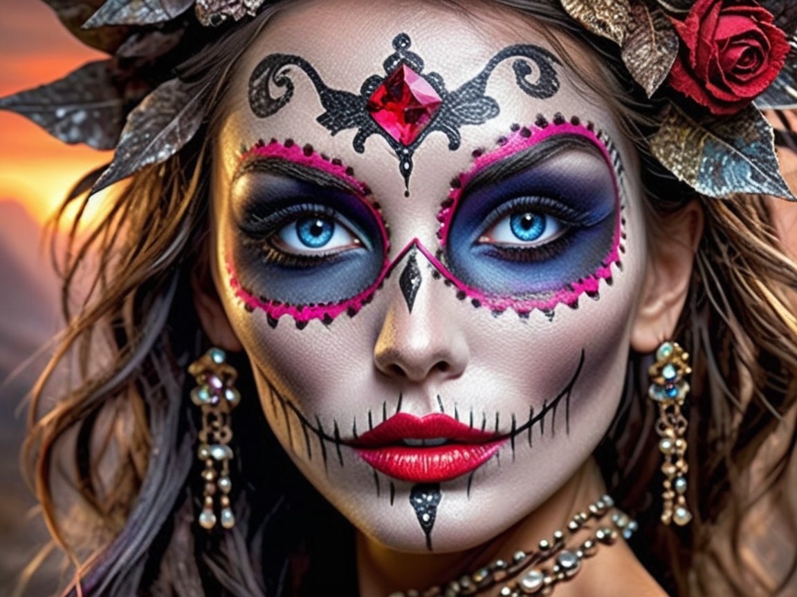 Woman with Sugar Skull Makeup and Twilight Background
