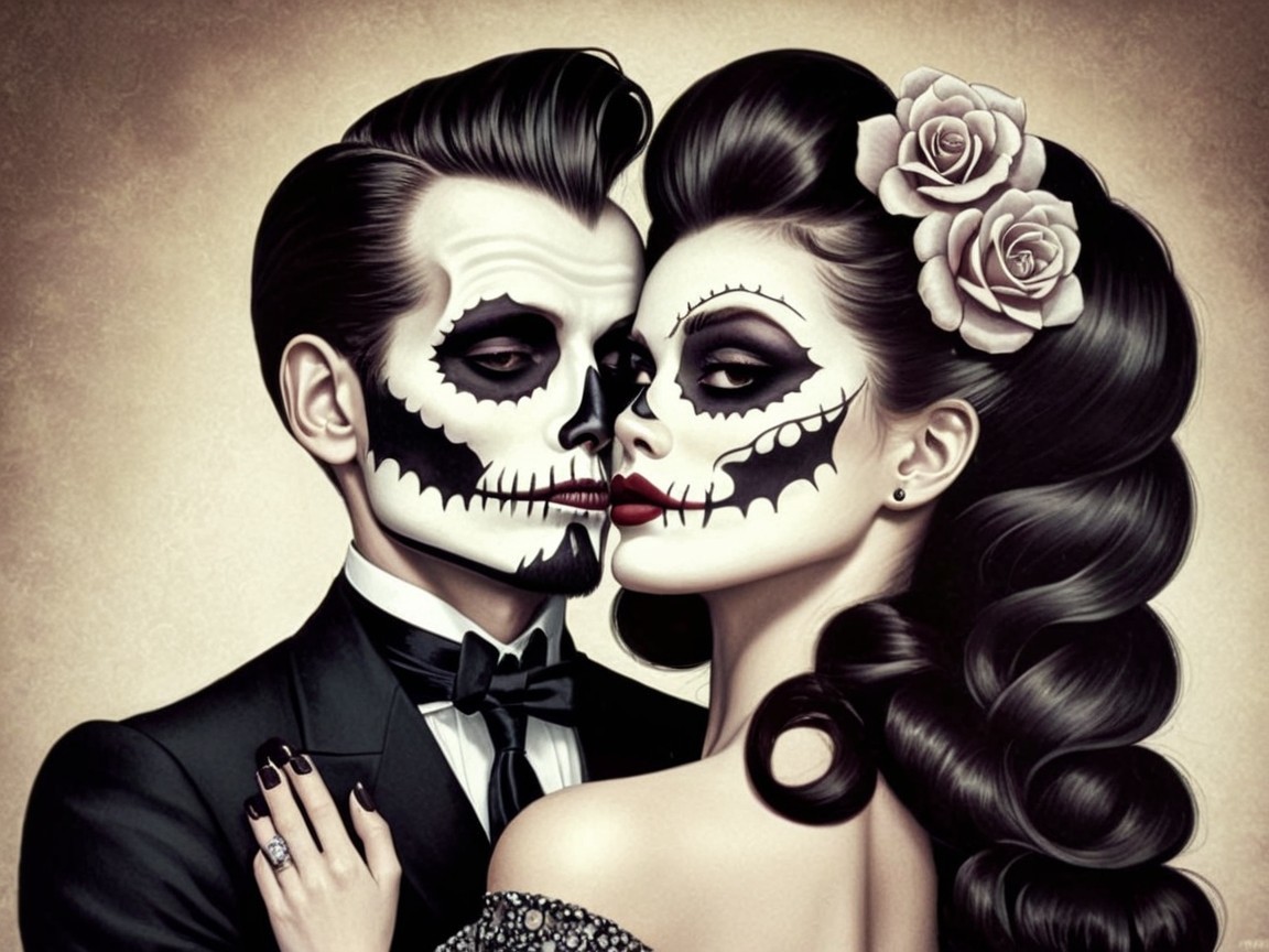 Couple in Sugar Skull Makeup with Elegant Attire