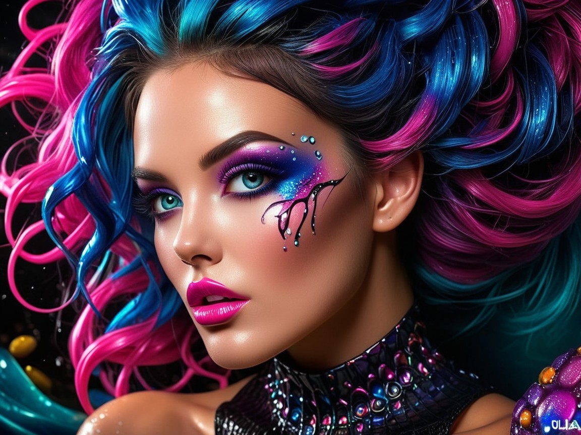 Portrait of a Woman with Vibrant Hairstyles and Makeup
