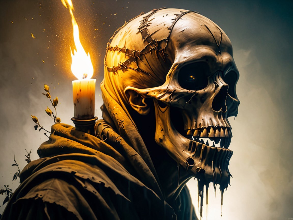 Haunting Skeletal Figure with Candle and Roses