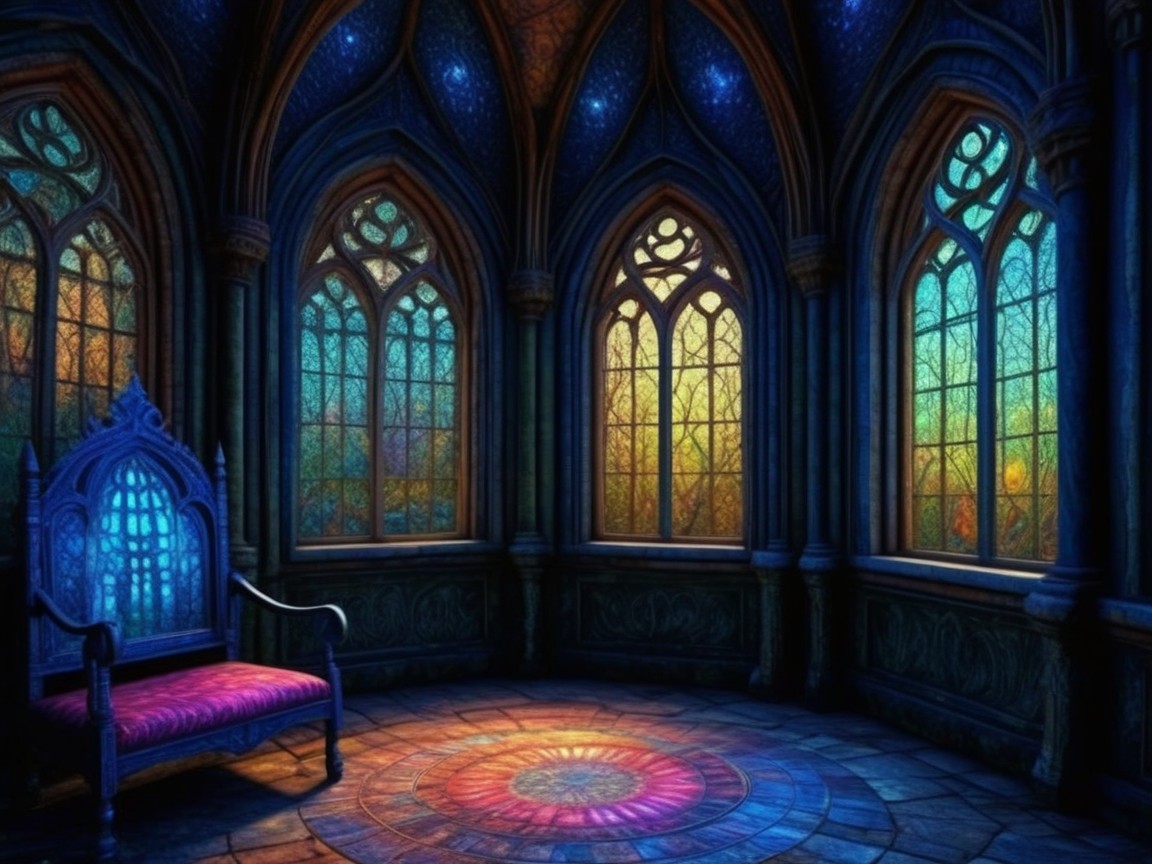 Mystical chamber with stained glass and mosaic design
