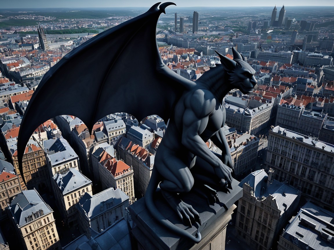 Gargoyle Statue Overlooking Urban Landscape at Dusk