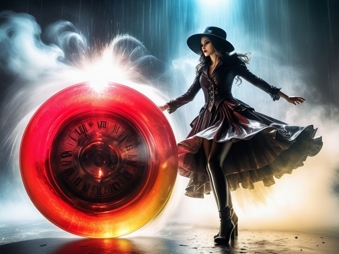 Woman in Dark Dress Beside Glowing Clock Scene
