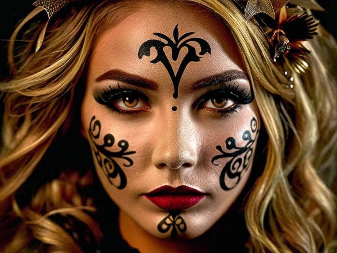 Close-up of a woman with bold makeup and tribal designs