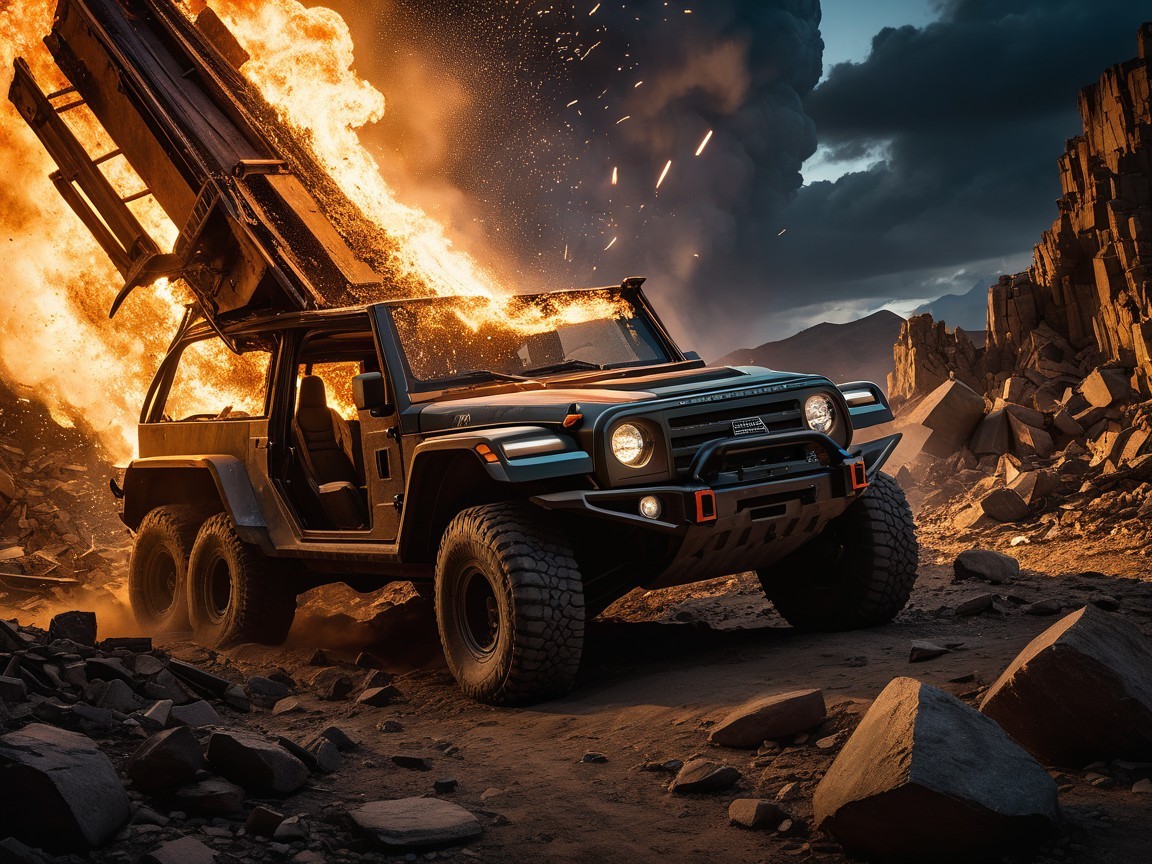 Off-Road Vehicle Amid Flames and Rocky Terrain