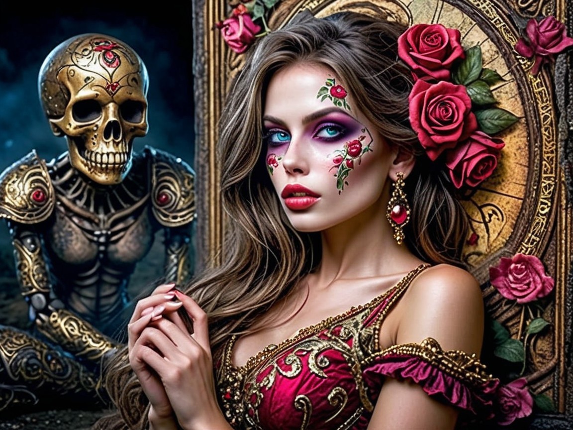 Woman with Intricate Makeup and Stylized Skeleton