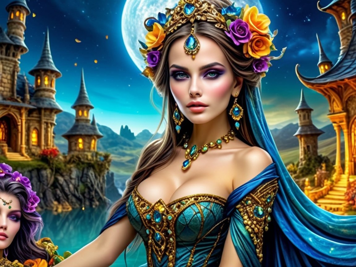 Regal woman in teal gown in a mystical landscape