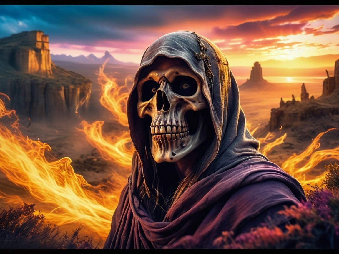 Hooded Figure with Skull Face Against Desert Sunset