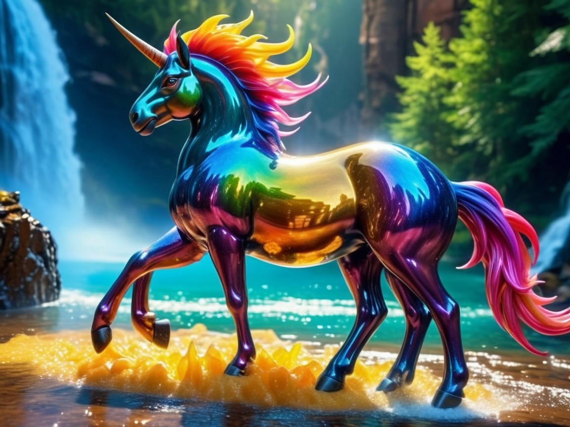 Vibrant Metallic Unicorn on Shimmering Orange Platform