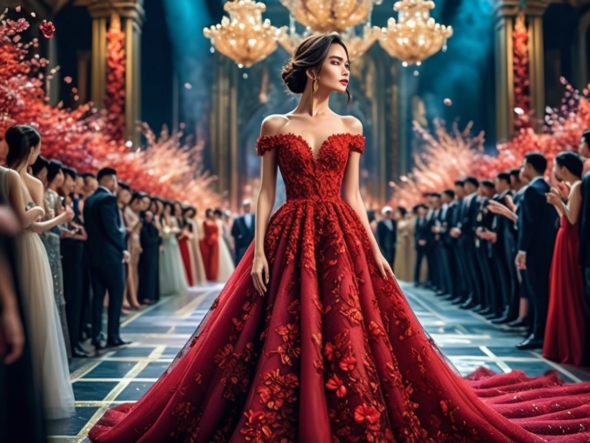 Opulent ballroom scene with a woman in red gown