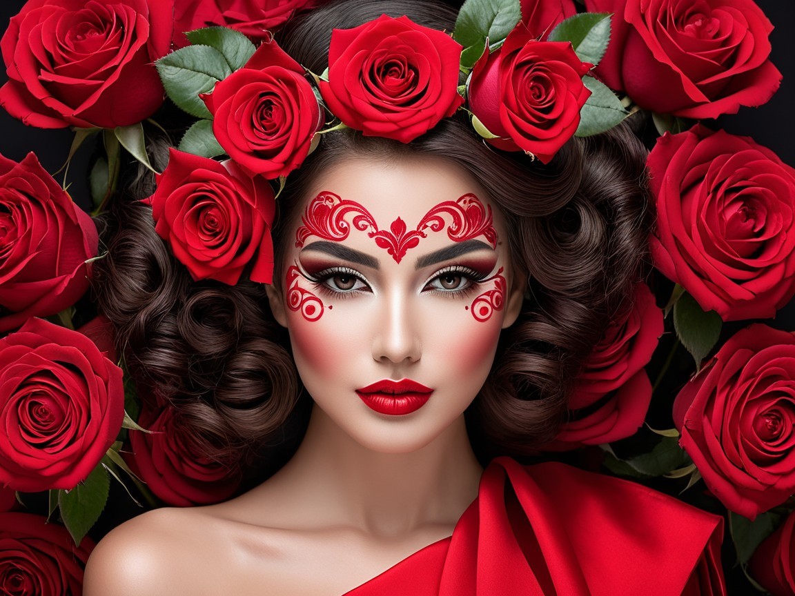 Woman with Crown of Red Roses and Intricate Makeup