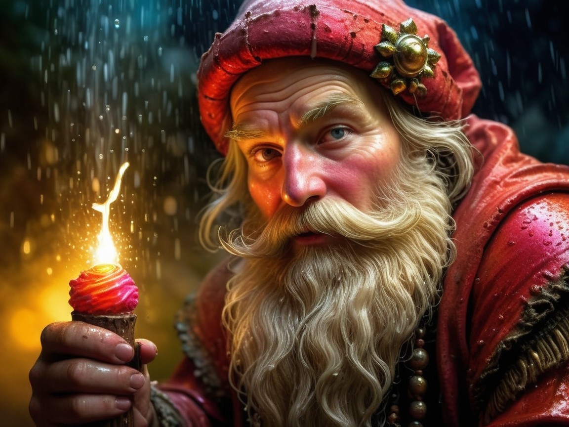 Detailed Close-Up of Old Man with Red Cloak and Staff