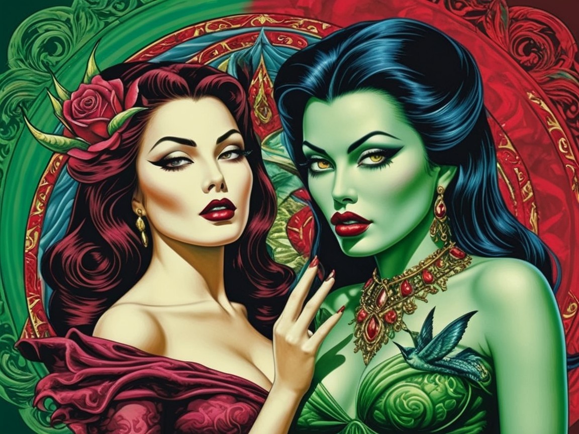 Striking Women with Red Hair and Green Skin in Detail