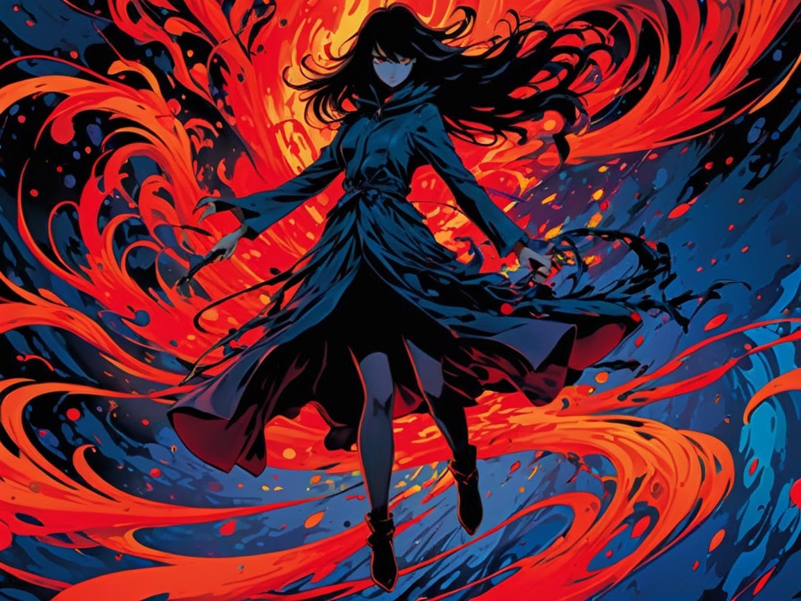 Cloaked Figure in Dynamic Red and Blue Swirl Background