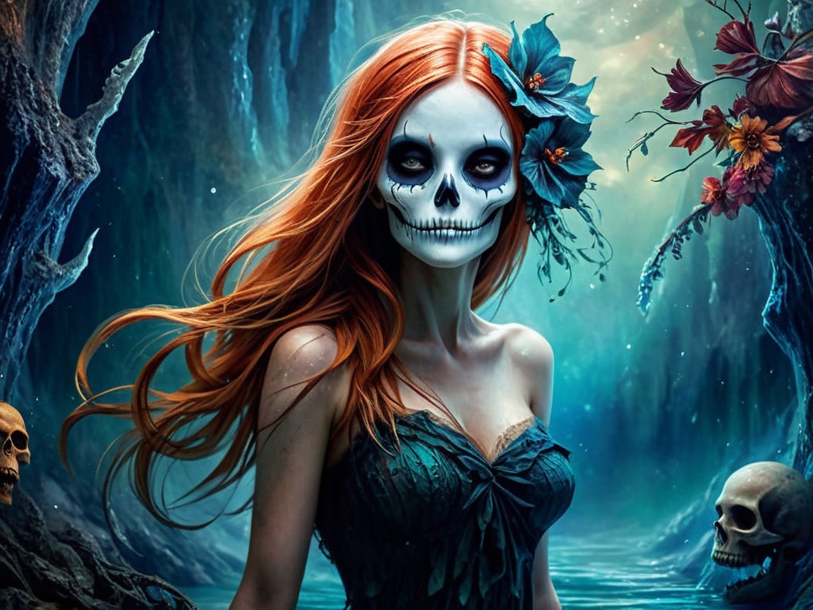 Mystical Figure in Ethereal Landscape with Skull Makeup