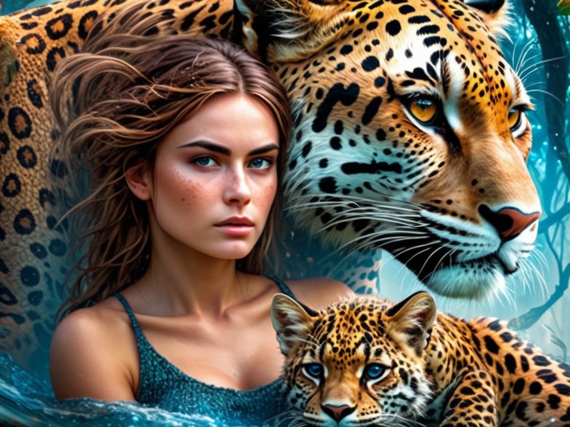 Young Woman with Jaguars in Lush Jungle Setting