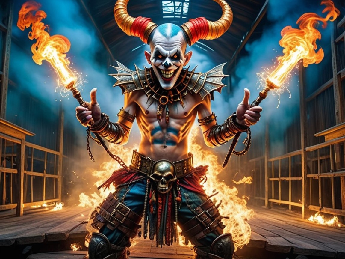Menacing Character in Fiery Industrial Setting