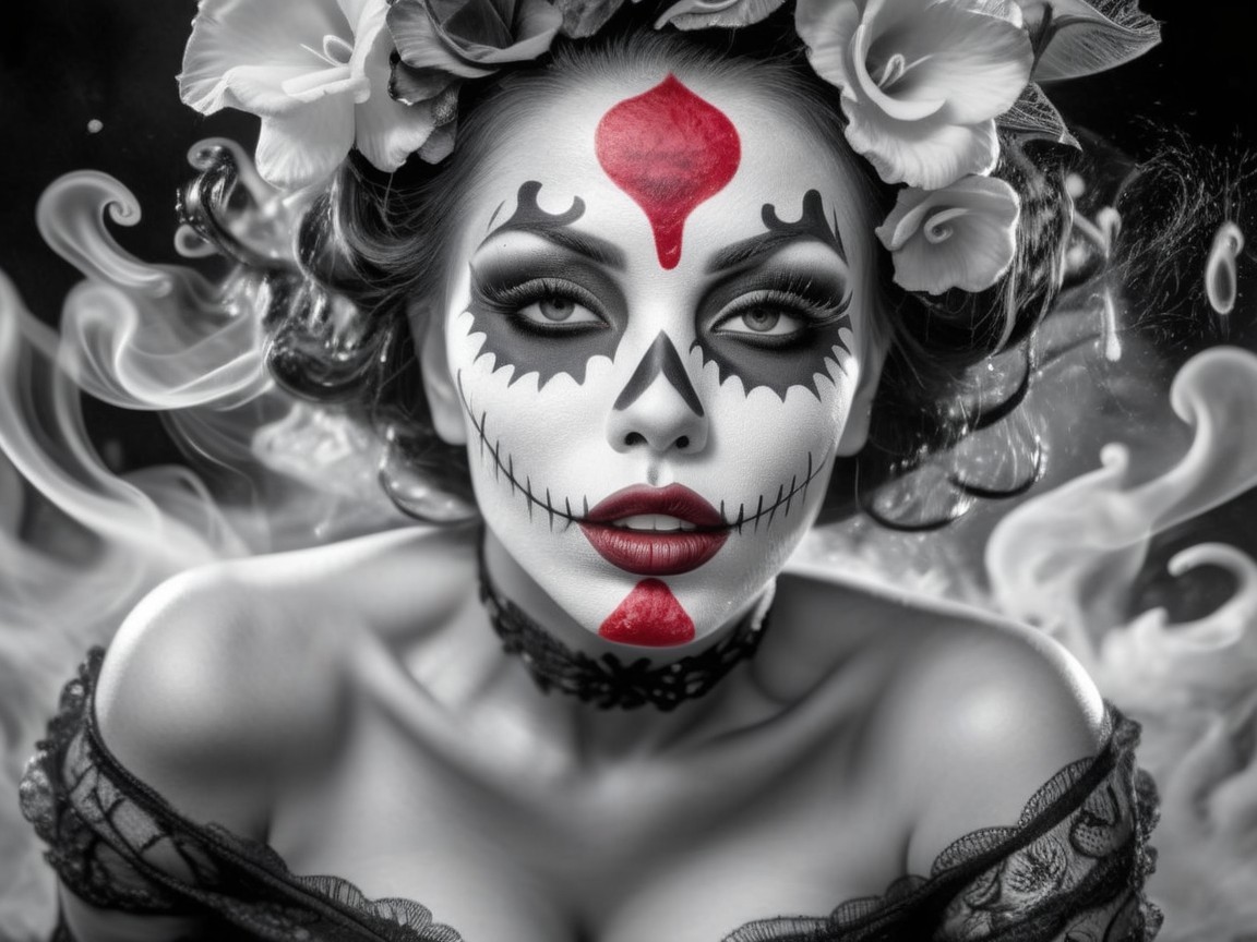 Elaborate Sugar Skull Makeup with Floral Hair Accents