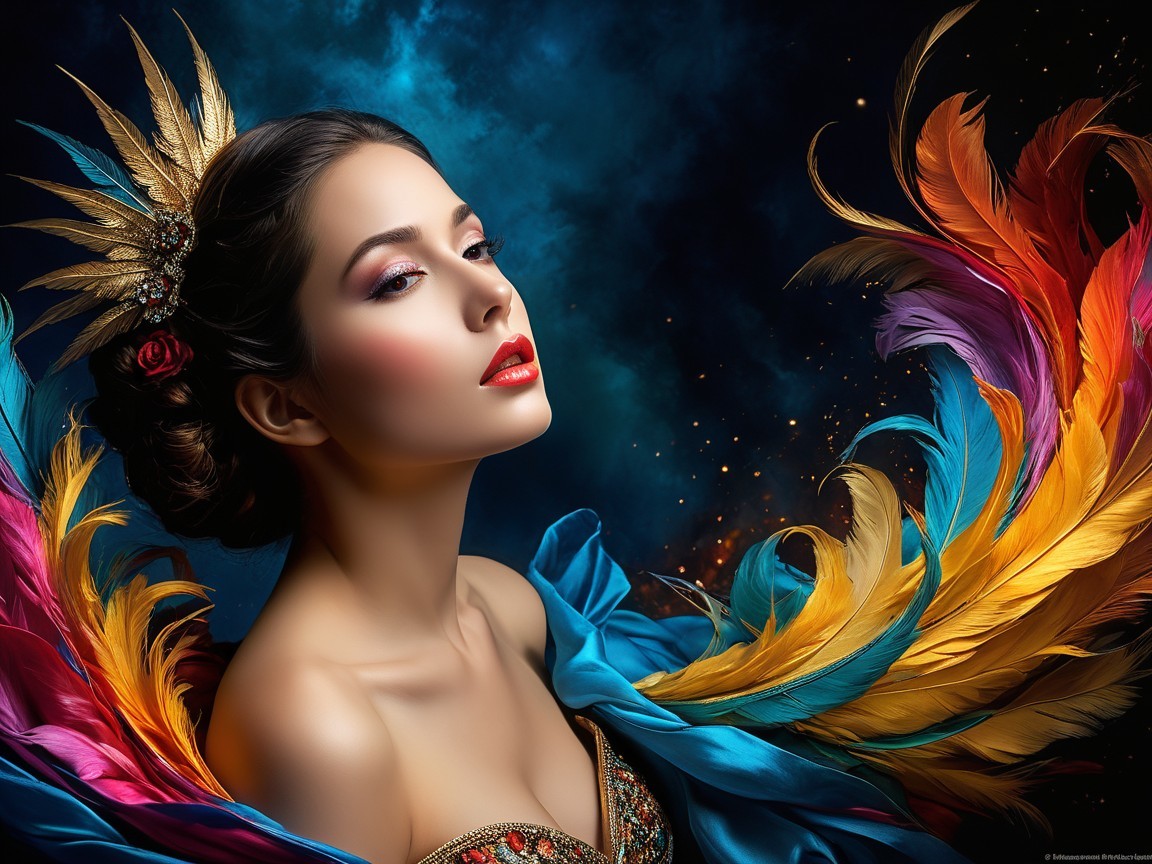 Elegant Woman with Colorful Feather Backdrop