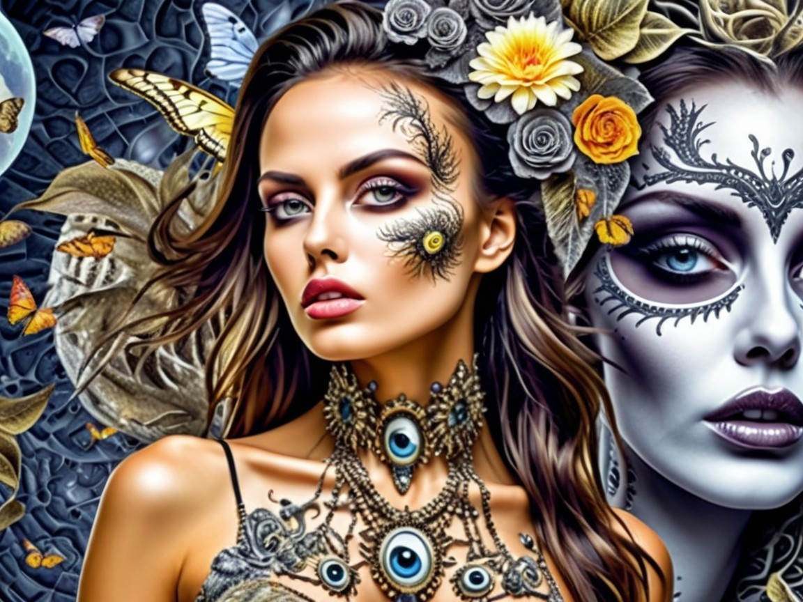 Woman with Intricate Face Art and Surreal Elements