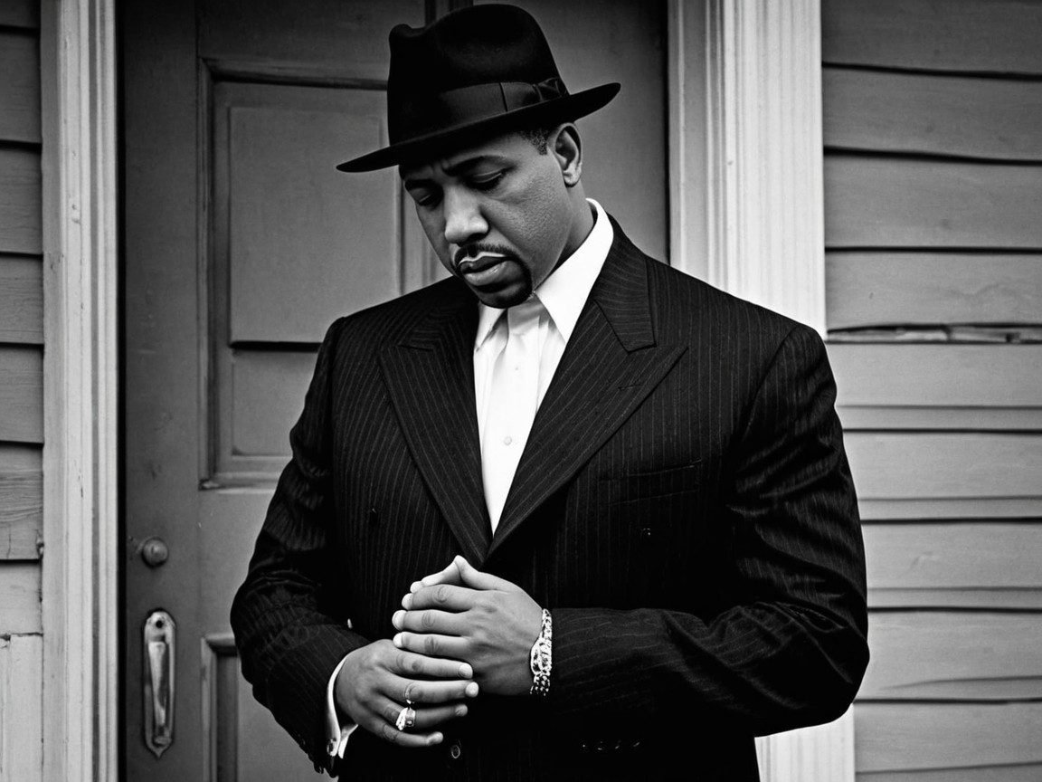 Man in Black Pinstripe Suit by Wooden Door in B&W