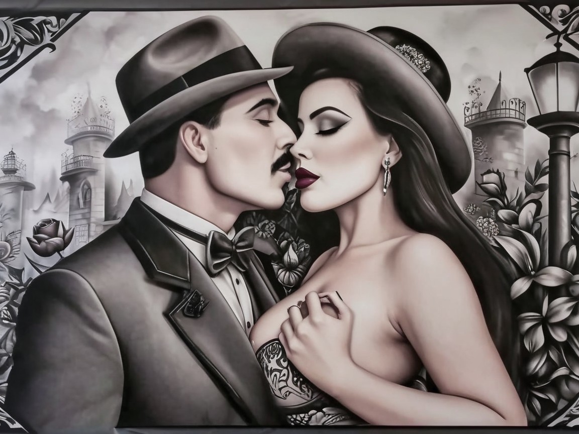 Black and white mural of a romantic couple's embrace