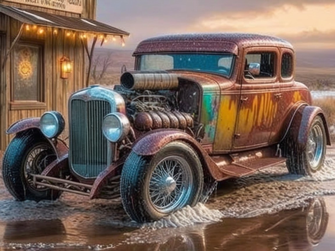 Rusted Rat Rod in Desert Landscape at Sunset