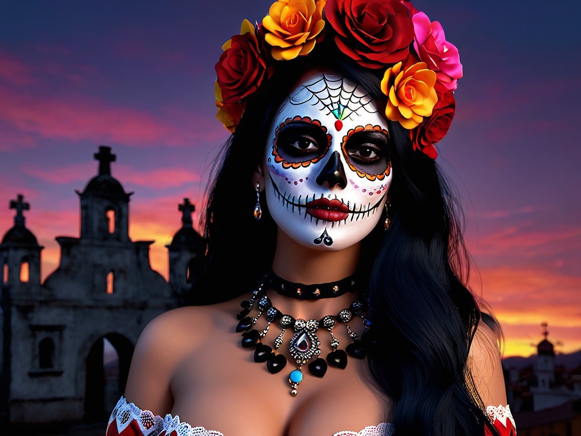 Portrait of a woman with flower adornments and skull makeup