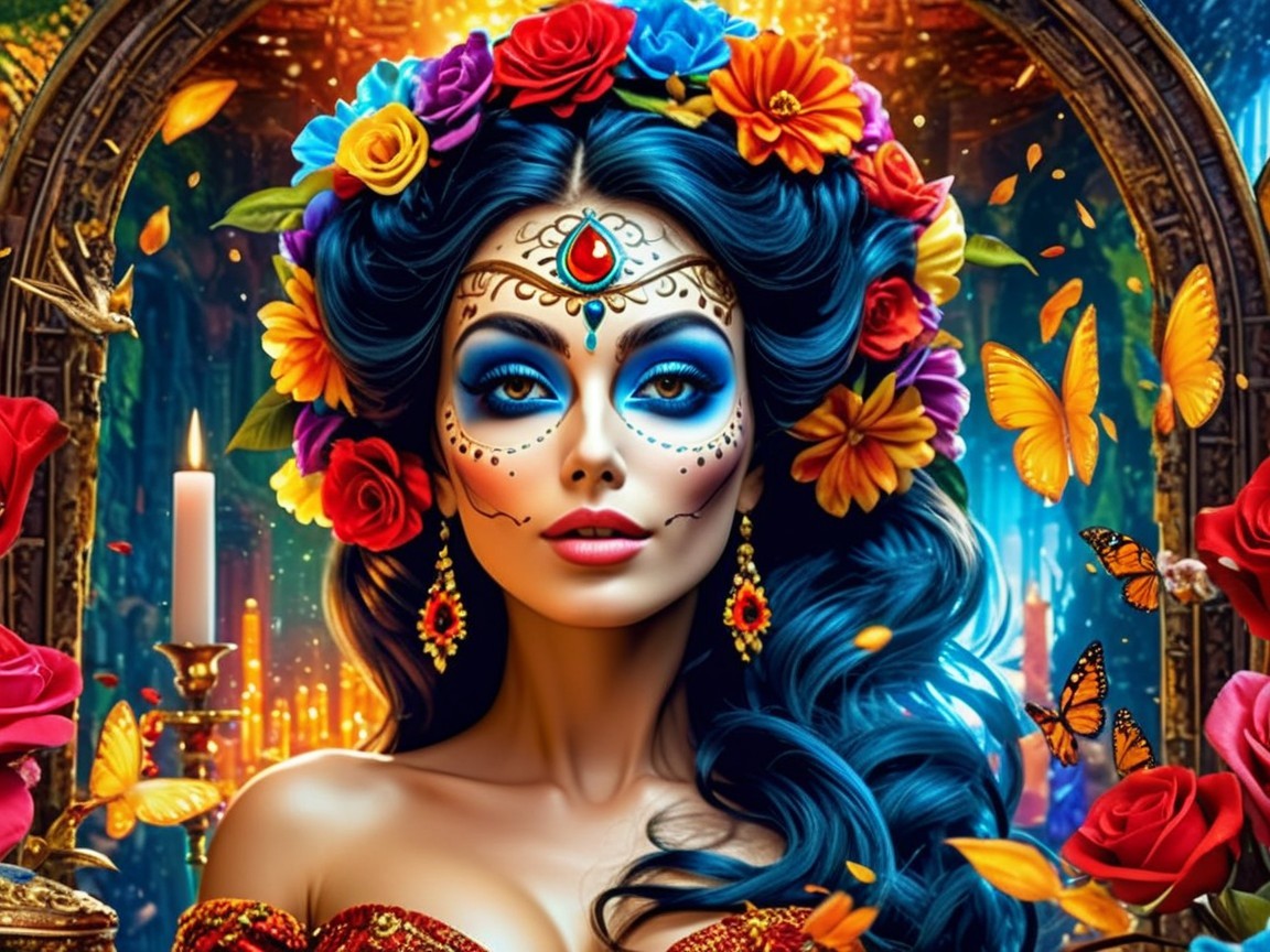 Vibrant Figure with Floral Crown and Sugar Skull Makeup