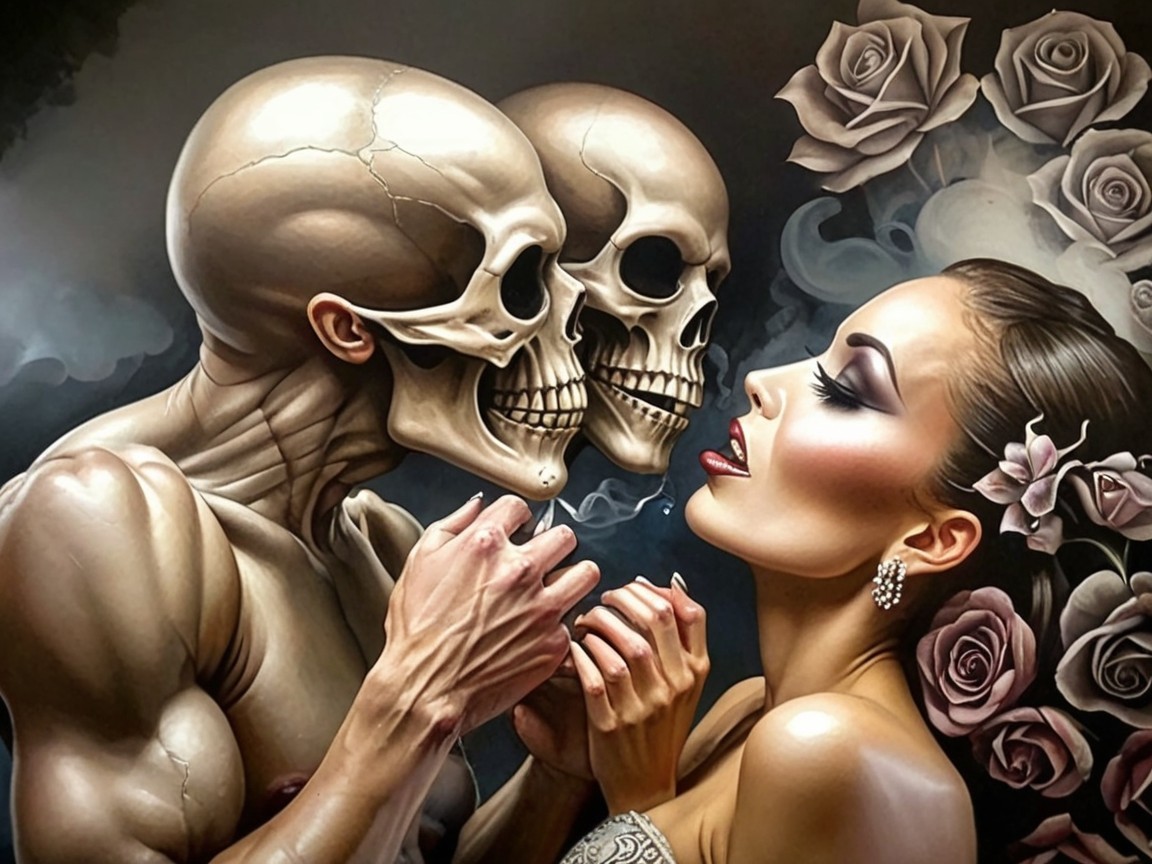 Intimate Scene of Woman and Skeletal Figures
