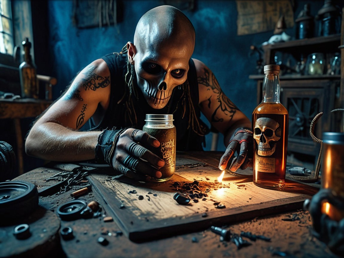 Tattooed Figure with Skull Mask in Dark Alchemical Space